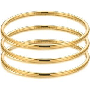 Women's 14K Gold Plated Bracelet Stainless Steel Glossy Thin Round Bangle 3mm